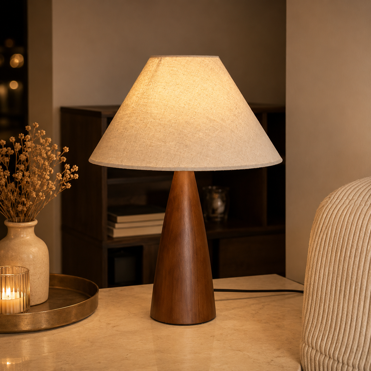 Mid-Century Modern Walnut Cone Table Lamp – Dimmable Bedside Lamp for Bedroom, Living Room & Office