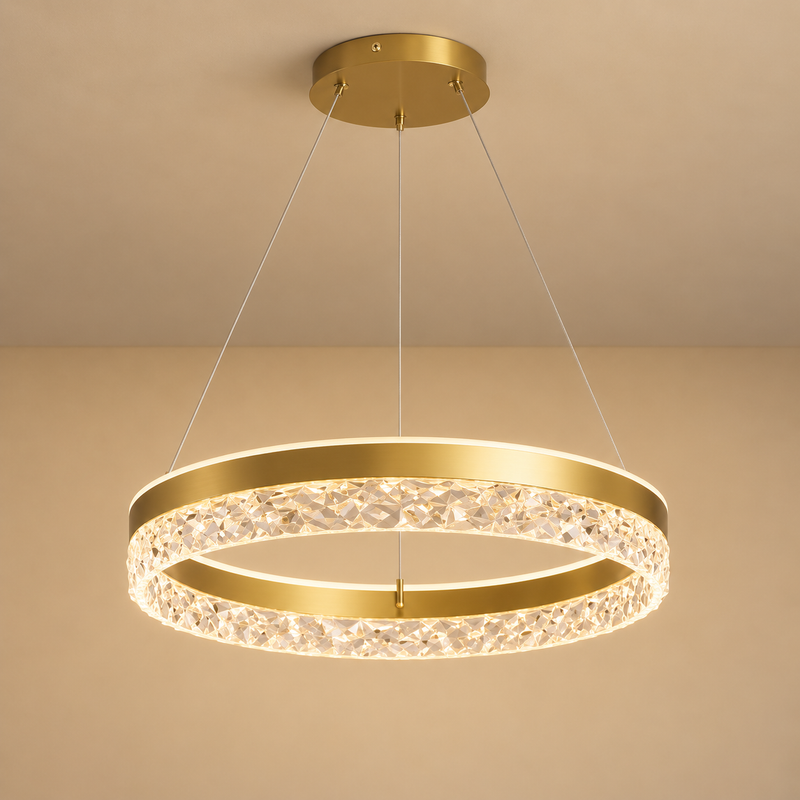 Modern Crystal Ring Chandelier – Dimmable LED Ceiling Light for Bedroom, Living Room & Dining Room