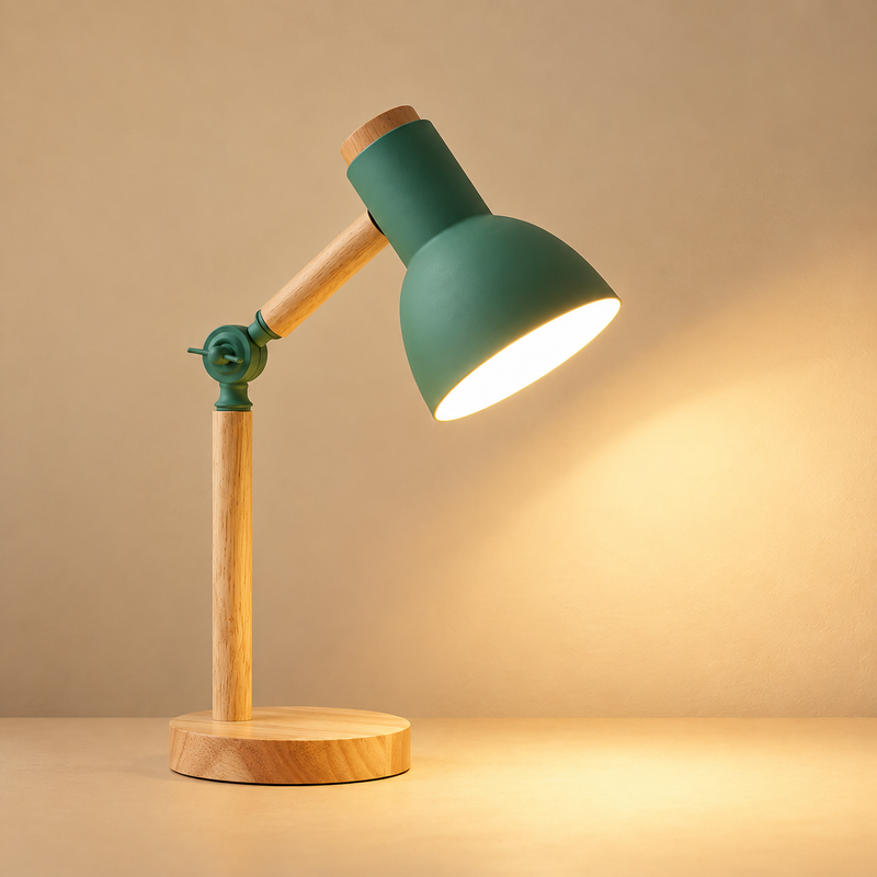 Nordic Adjustable Wood & Green Table Lamp – Eye-Care LED Desk Light for Bedroom, Study & Bedside