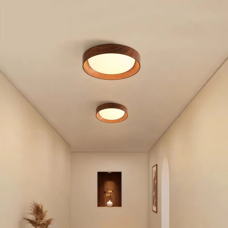 Modern Nordic Round Wood Grain Flush Mount Ceiling Light – LED Ceiling Fixture for Hallway, Bedroom, Kitchen & Entryway