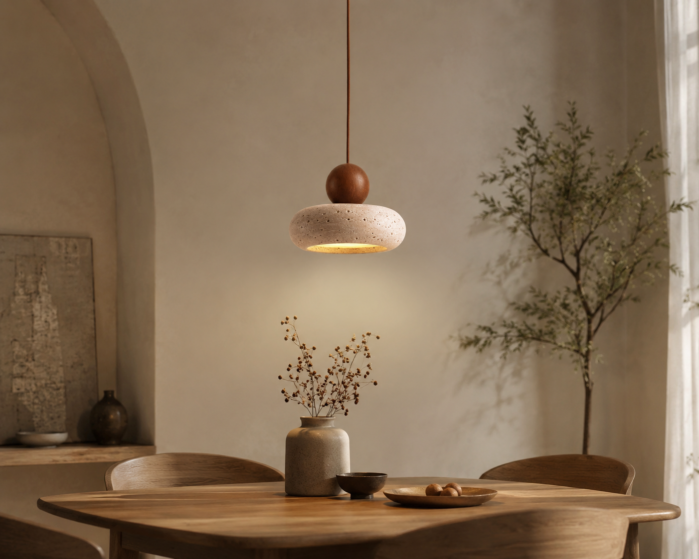 Modern Stone & Wood Pendant Light Chandelier – Minimalist Hanging Lamp for Dining Room, Bedroom & Kitchen Island