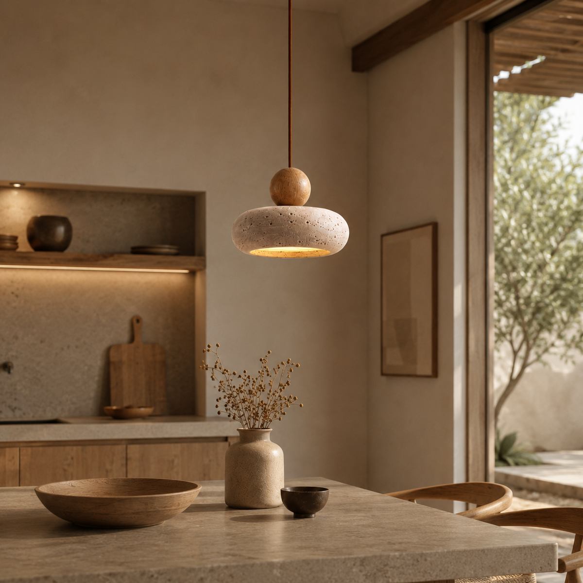 Modern Stone & Wood Pendant Light Chandelier – Minimalist Hanging Lamp for Dining Room, Bedroom & Kitchen Island