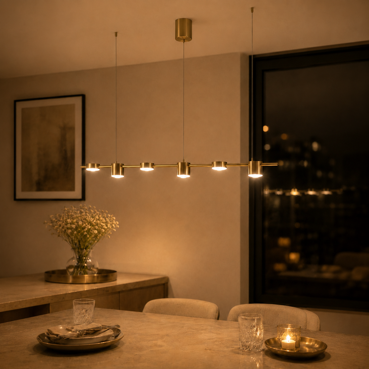 Modern Linear Bar Chandelier – Dimmable Multi-Light LED Ceiling Fixture for Dining Room, Kitchen Island & Living Room