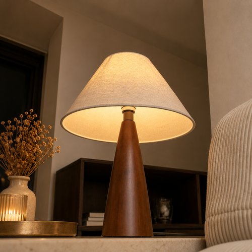 Mid-Century Modern Walnut Cone Table Lamp – Dimmable Bedside Lamp for Bedroom, Living Room & Office
