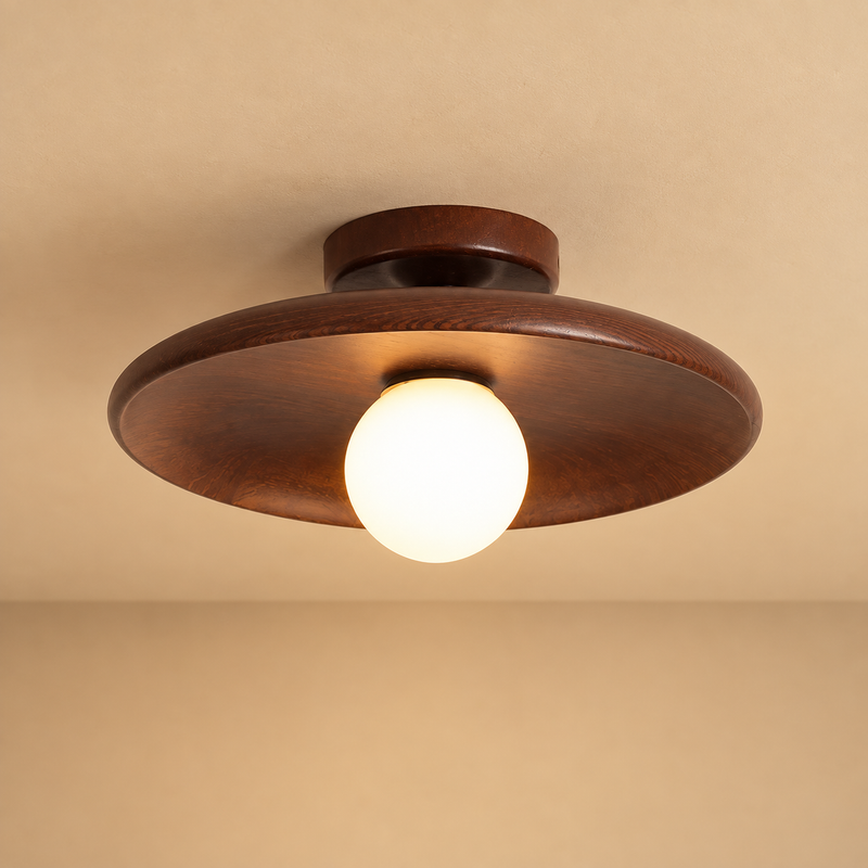 Nordic Wooden Saucer Flush Mount Ceiling Light – LED Ceiling Fixture for Kitchen, Hallway & Entryway
