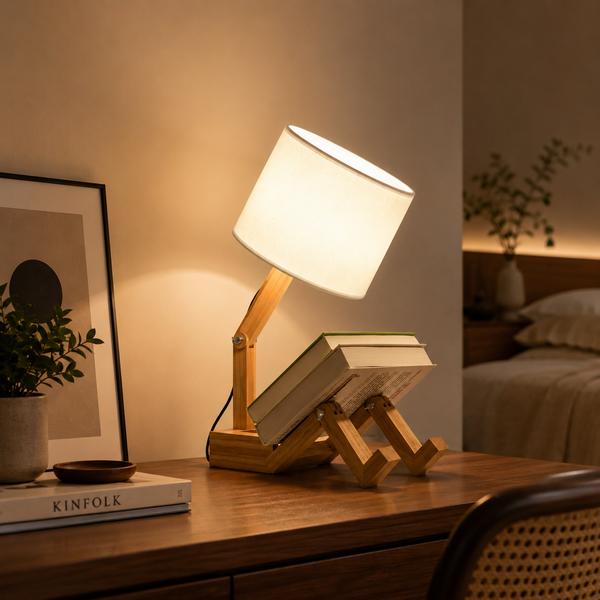 Nordic Robot Wooden Table Lamp – Poseable Bedside Lamp for Bedroom, Living Room & Office