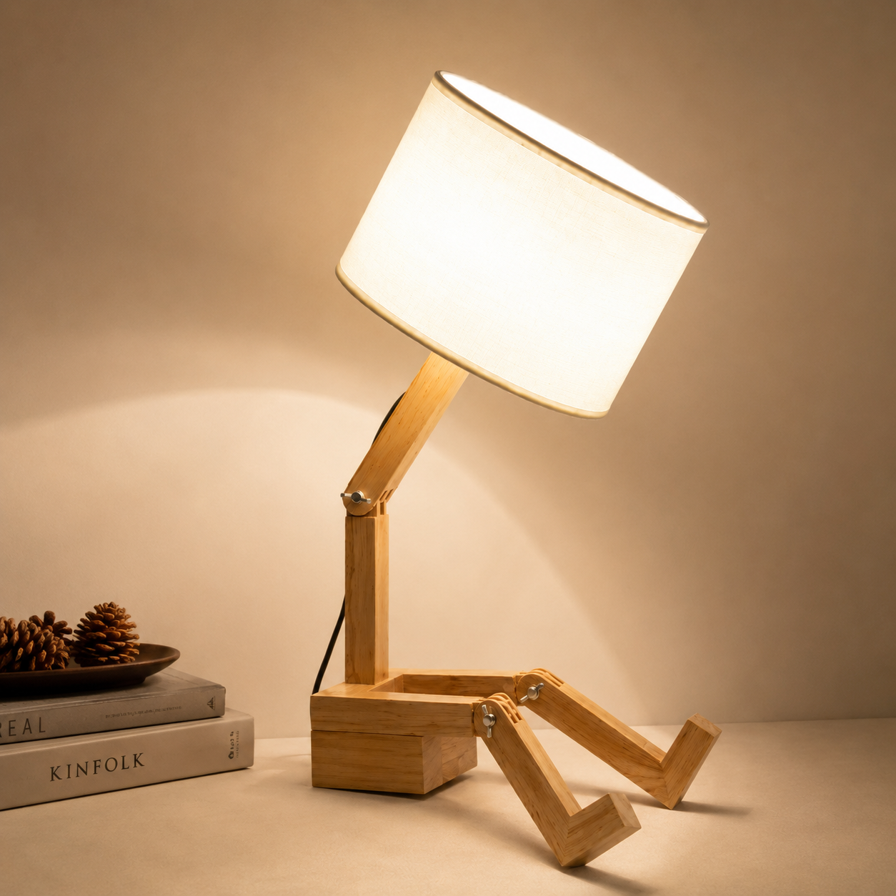 Nordic Robot Wooden Table Lamp – Poseable Bedside Lamp for Bedroom, Living Room & Office