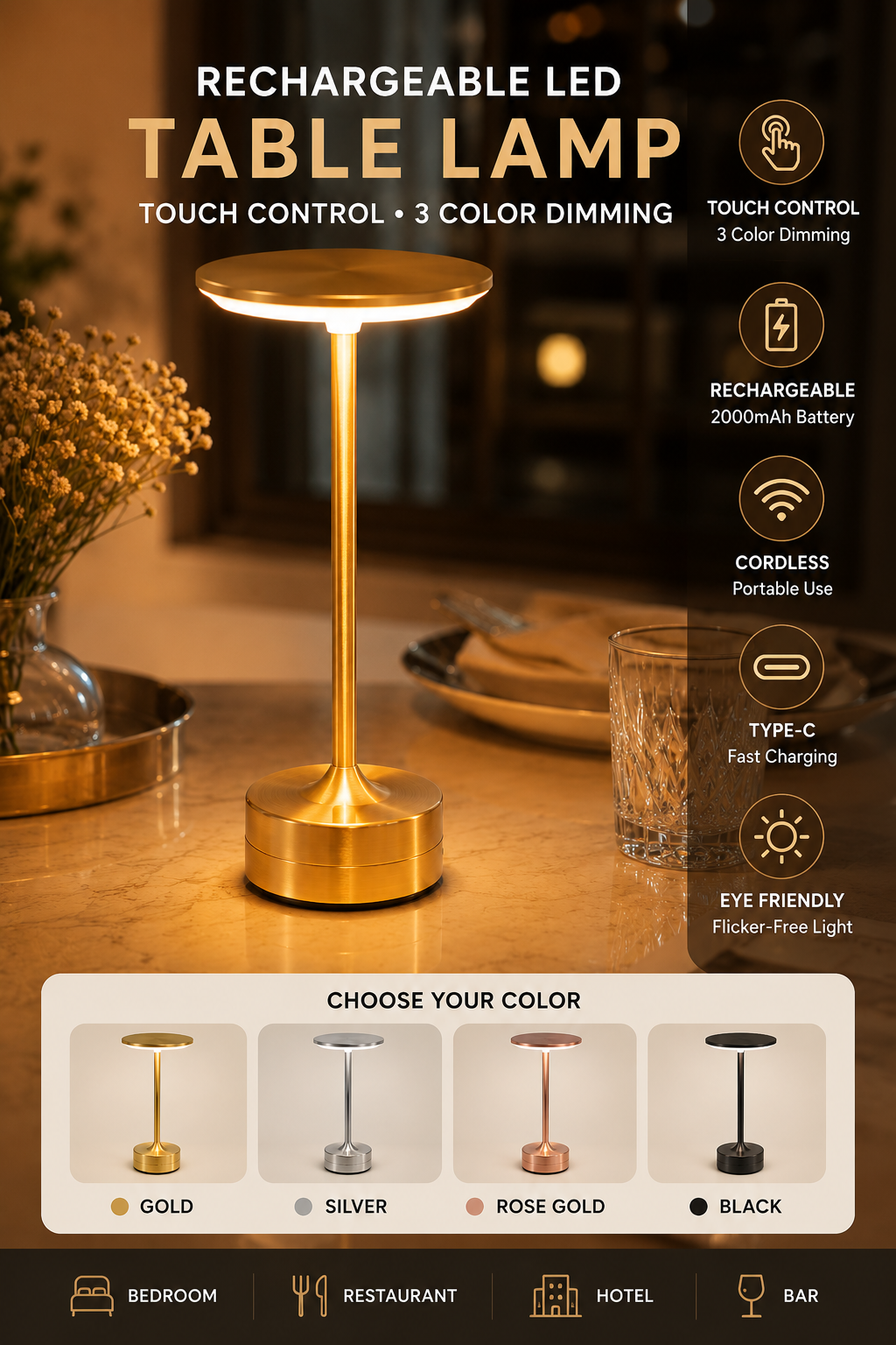 Rechargeable Cordless Table Lamp – Dimmable LED Bedside Lamp for Bedroom, Restaurant & Bar
