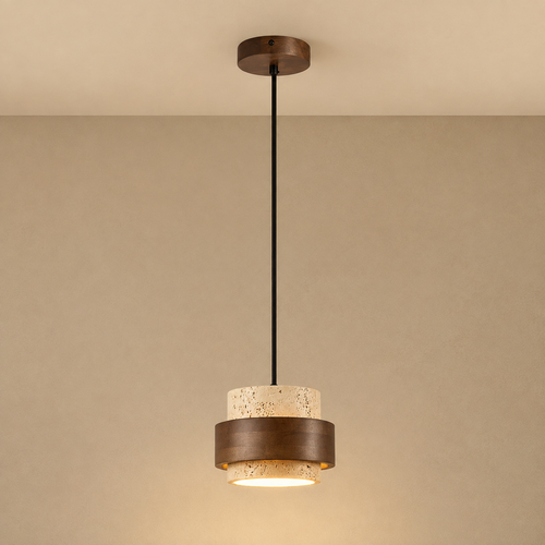 Japanese Wabi-Sabi Travertine & Walnut Wood Pendant Chandelier – LED Hanging Ceiling Light for Dining Room, Bedroom & Bar