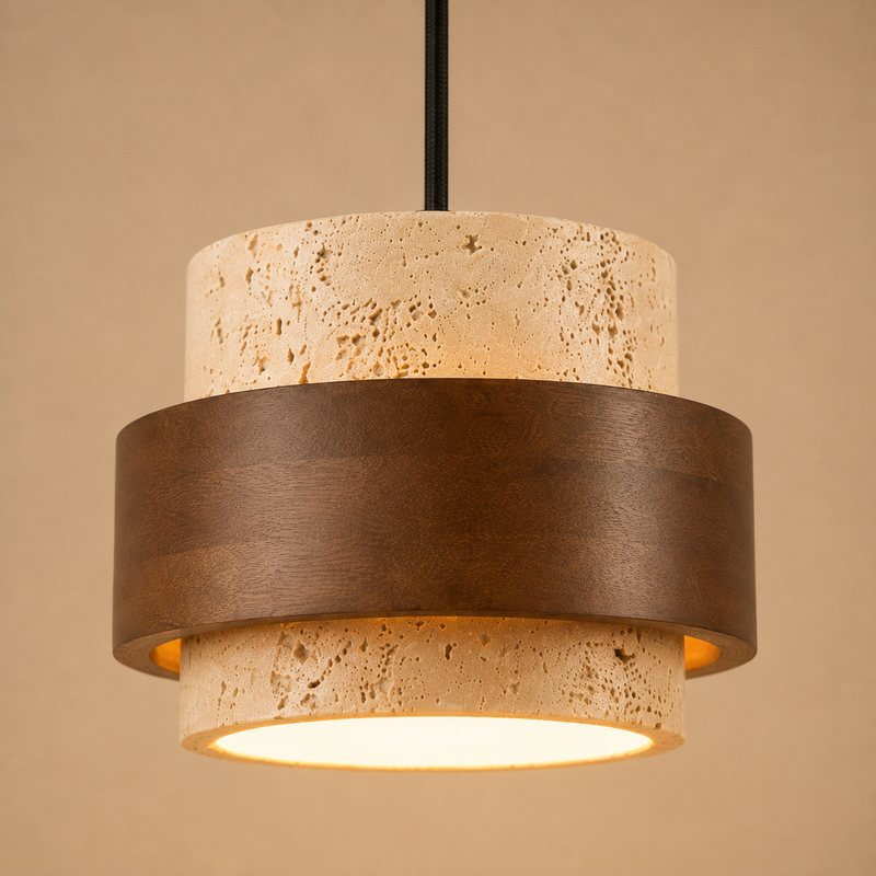 Japanese Wabi-Sabi Travertine & Walnut Wood Pendant Chandelier – LED Hanging Ceiling Light for Dining Room, Bedroom & Bar