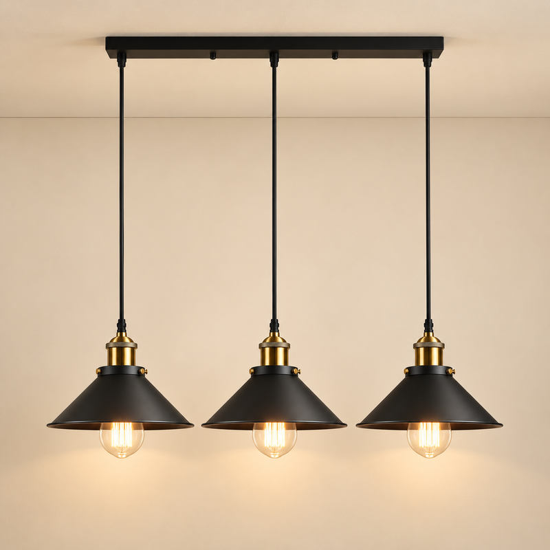 Industrial Cone Pendant Light 3-Light Chandelier – Black Metal Ceiling Fixture for Kitchen, Dining Room & Living Room