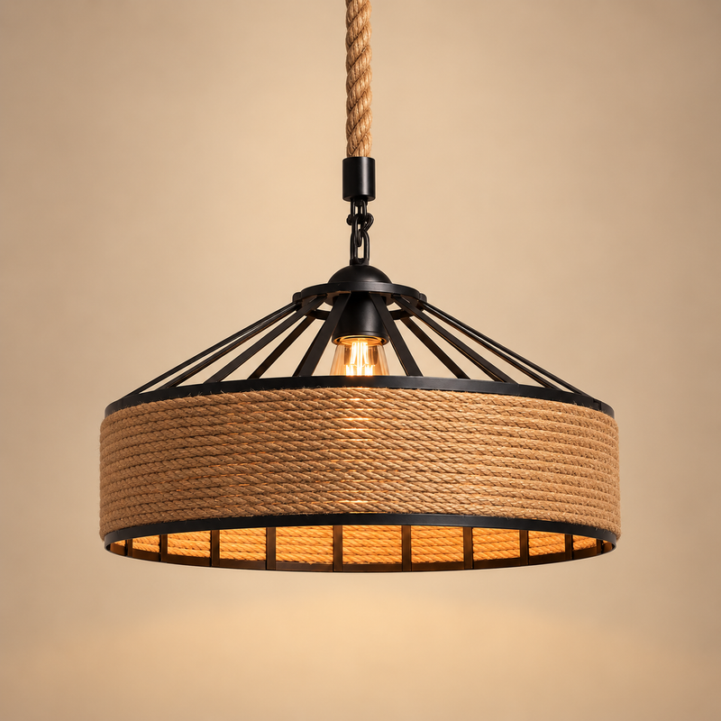 Industrial Hemp Rope Drum Pendant Chandelier – Rustic Hanging Ceiling Light for Dining Room, Kitchen & Bar