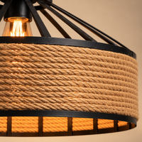 Industrial Hemp Rope Drum Pendant Chandelier – Rustic Hanging Ceiling Light for Dining Room, Kitchen & Bar