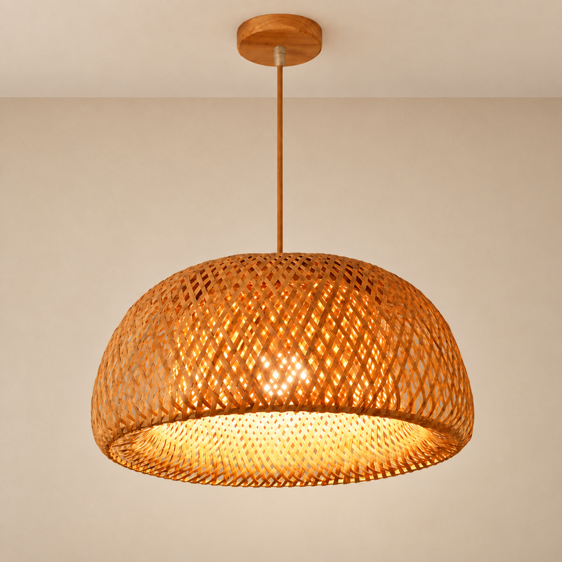 Boho Woven Bamboo Dome Pendant Light – Handcrafted Rattan Chandelier for Dining Room, Kitchen & Bedroom