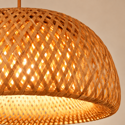 Boho Woven Bamboo Dome Pendant Light – Handcrafted Rattan Chandelier for Dining Room, Kitchen & Bedroom