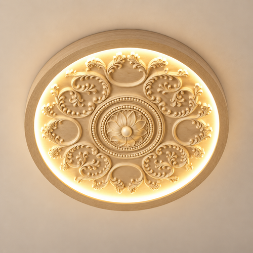 French Style Carved Medallion Flush Mount Ceiling Light – LED Ceiling Fixture for Bedroom, Study & Living Room