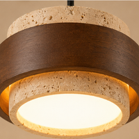 Japanese Wabi-Sabi Travertine & Walnut Wood Pendant Chandelier – LED Hanging Ceiling Light for Dining Room, Bedroom & Bar